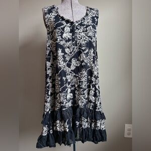 Floral navy and cream Sleeveless Dress ruffle hem spring summer beachy boho